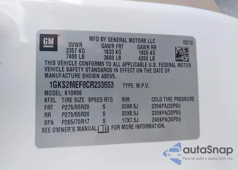 2012 GMC Yukon Xl 1500 Denali из США, поврежденный, VIN 1GKS2MEF8CR233653